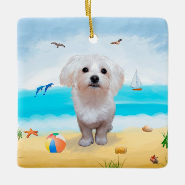 Adorno De Cerámica Perro maltés en la playa (Anverso)