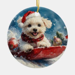Adorno De Cerámica Perro maltés en trineo Deja que nieve Navidad