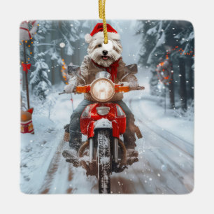 Adorno De Cerámica Perro Maltés Montando Motocicleta Navidad