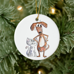 Adorno De Cerámica Perro marrón alegre y gato gris