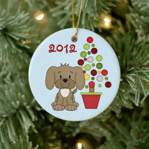 Adorno De Cerámica Perro marrón blanco personalizado, árbol de vacaci