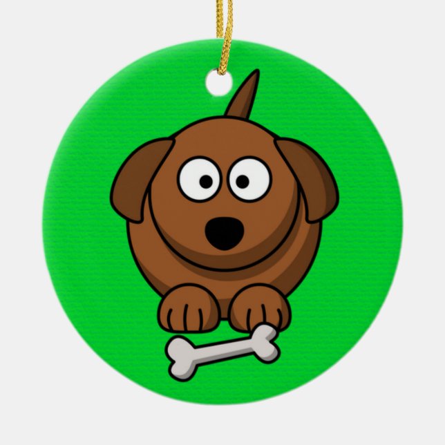Adorno De Cerámica Perro marrón con hueso en verde (Frente)
