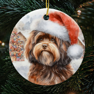 Adorno De Cerámica Perro marrón de Haván con Navidades de Santa Hat