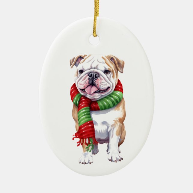 Adorno De Cerámica Perro navidad, Bulldog de vacaciones, (Frente)