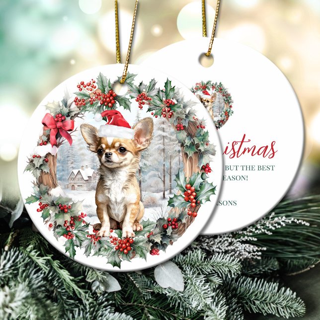 Adorno De Cerámica Perro Navidad chihuahua cachorro Santa sombrero (Cute Christmas Chihuahua dog puppy Santa hat Ceramic Ornament)