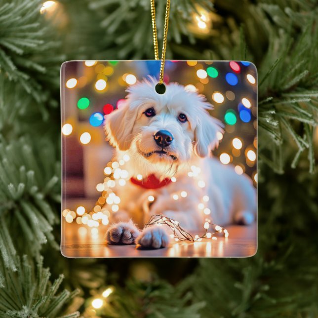 Adorno De Cerámica Perro navidad Envuelto En Luces (Árbol)