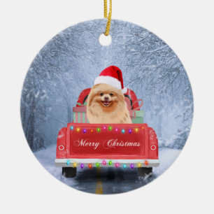 Adorno De Cerámica Perro panomerano en nieve sentado en un camión de 