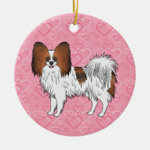 Adorno De Cerámica Perro Papillon de color rojo oscuro sobre corazone