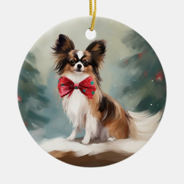 Adorno De Cerámica Perro Papillon en Navidades de nieve (Frente)