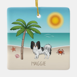 Adorno De Cerámica Perro Papillon Tricolor En Una Playa Tropical De V