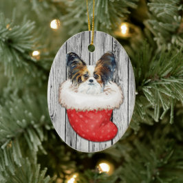 Adorno De Cerámica Perro papilón en Navidades en pie de madera