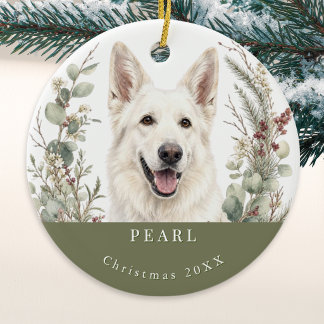 Adorno De Cerámica Perro Pastor Alemán Blanco Navidad Acuarela