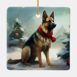 Adorno De Cerámica Perro pastor alemán en Navidad con nieve