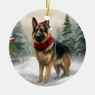 Adorno De Cerámica Perro pastor alemán en Navidad con nieve