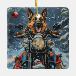 Adorno De Cerámica Perro pastor alemán montando motocicleta Navidad