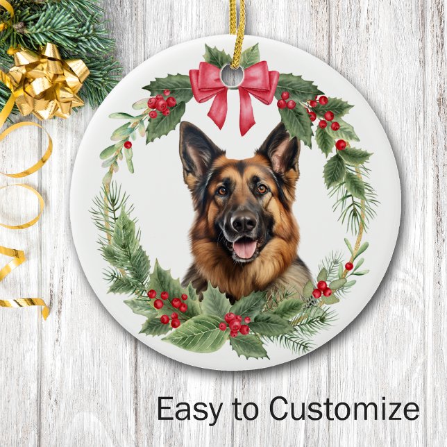 Adorno De Cerámica Perro pastor alemán rojo Bow Holly Wreath (Subido por el creador)