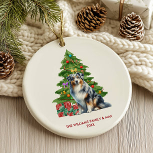 Adorno De Cerámica Perro Pastor Australiano Familia Navidad