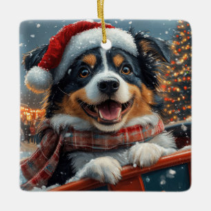 Adorno De Cerámica Perro Pastor Australiano Montaña Rusa Navidad
