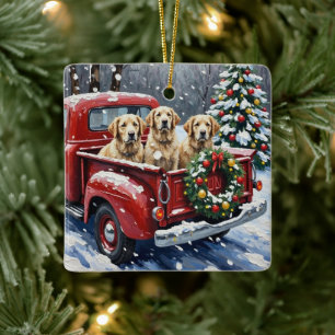 Adorno De Cerámica Perro pastor inglés antiguo Camión rojo de Navidad