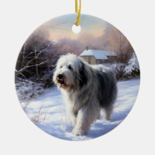 Adorno De Cerámica Perro Pastor Inglés Antiguo Deja que nieve Navidad