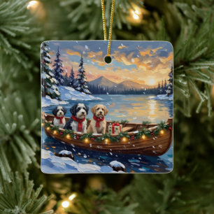 Adorno De Cerámica Perro Pastor Inglés Antiguo Navidad Barco Fiesta