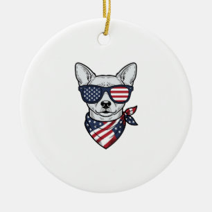 Adorno De Cerámica Perro Patriótico con Gafas de Sol de Bandera Vecto