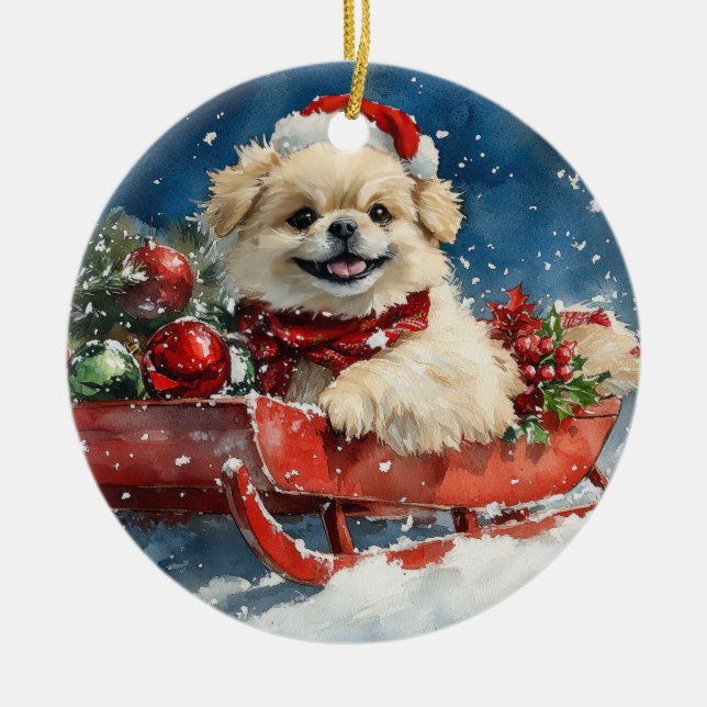 Adorno De Cerámica Perro pekinés con mangas en el agua deja que nieve (Frente)