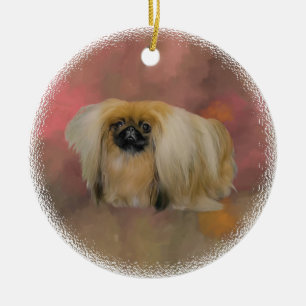Adorno De Cerámica Perro pequinés sobre abstracto malva