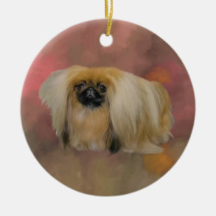 Adorno De Cerámica Perro pequinés sobre abstracto malva