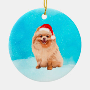 Adorno De Cerámica Perro Pomerania Sentado En Gorra De Navidades De N