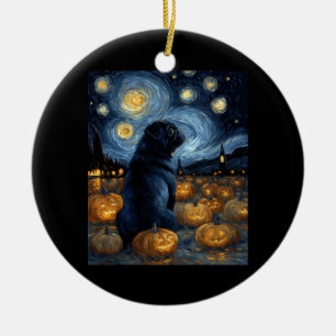 Adorno De Cerámica Perro Pug negro de la noche estrellada de van gogh