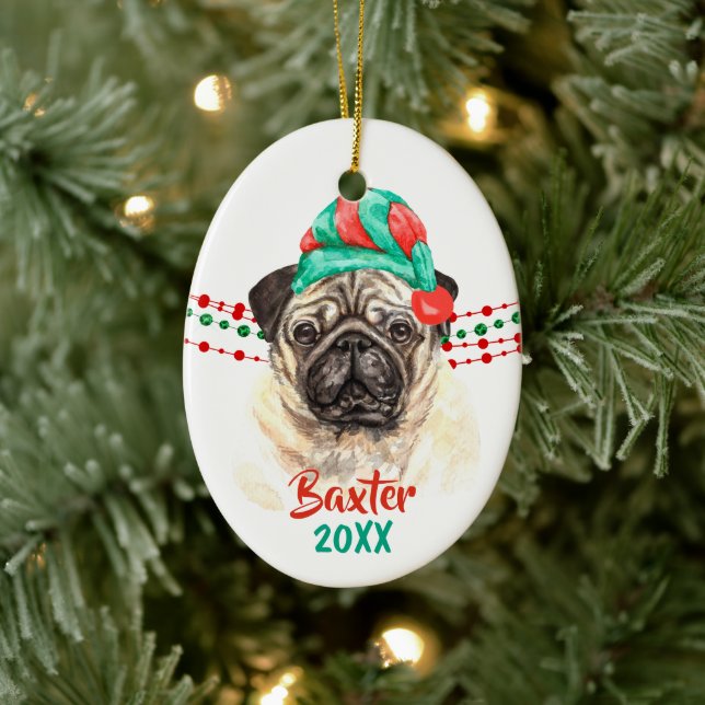 Adorno De Cerámica Perro Pug Santa Hat Bandas de cuerda de vacaciones (Árbol)
