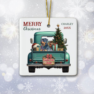 Adorno De Cerámica Perro Rottweiler Camioneta Retro Navidad