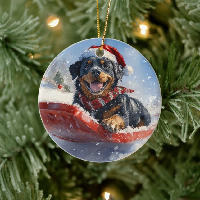 Adorno De Cerámica Perro Rottweiler con mangas y Navidades que nieva (Árbol)