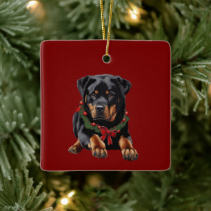 Adorno De Cerámica Perro Rottweiler de Navidad con Collar de Guirnald
