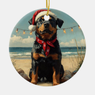 Adorno De Cerámica Perro Rottweiler Navidad Vintage Playa