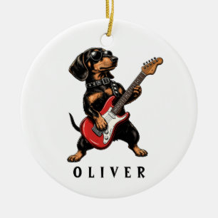 Adorno De Cerámica Perro salchicha Cool Rocker tocando guitarra eléct