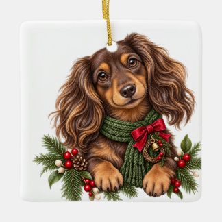 ADORNO DE CERÁMICA PERRO SALCHICHA CUTE ADORABLE NAVIDAD PELO LARGO