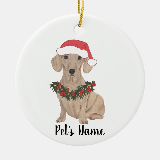 Adorno De Cerámica Perro salchicha rojo liso personalizado en Navidad (Frente)