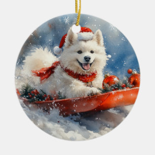 Adorno De Cerámica Perro Samoyedo en Trineo Deja que Nieve Navidad