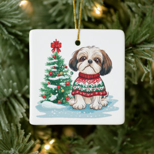 Adorno De Cerámica Perro Santa Shih Tzu Navidad