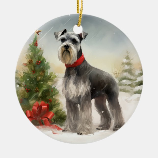 Adorno De Cerámica Perro Schnauzer en Navidades de nieve (Frente)