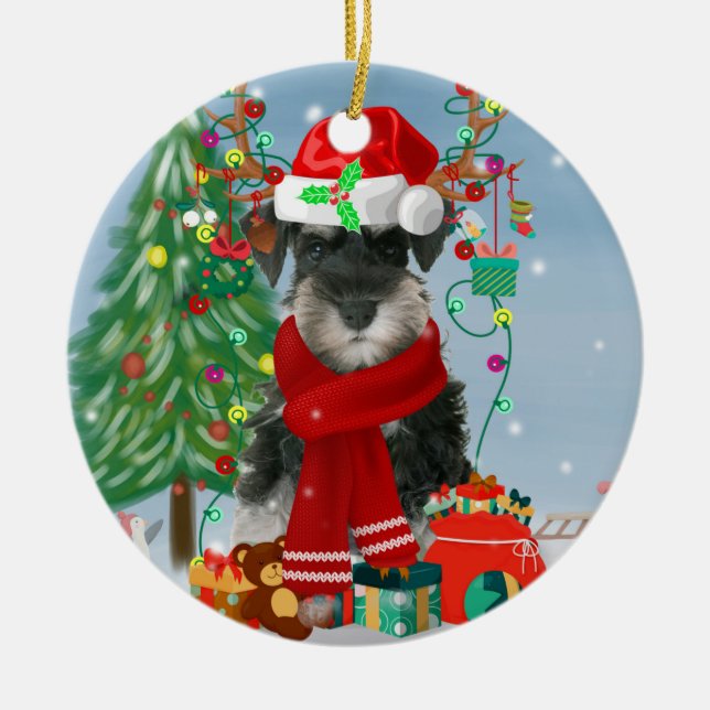 Adorno De Cerámica Perro Schnauzer en Navidades de nieve (Frente)