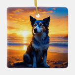 Adorno De Cerámica Perro sentado en Ocean Beach en Sunset<br><div class="desc">Un perro sentado en una playa al atardecer arte ai. El adorno navideño personalizado con temática de perro.</div>