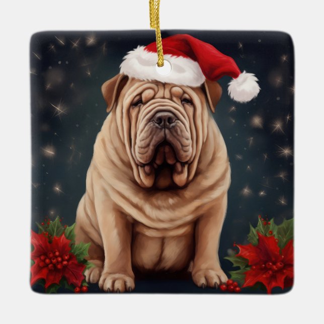 Adorno De Cerámica Perro Shar Pei en Navidades de nieve (Anverso)