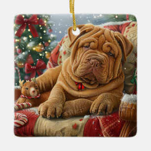 Adorno De Cerámica Perro Shar Pei Navidad Festiva