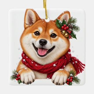 ADORNO DE CERÁMICA PERRO SHIBA INU DE NAVIDAD ADORABLE MONO
