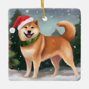 Adorno De Cerámica Perro Shiba Inu en Navidad con Nieve