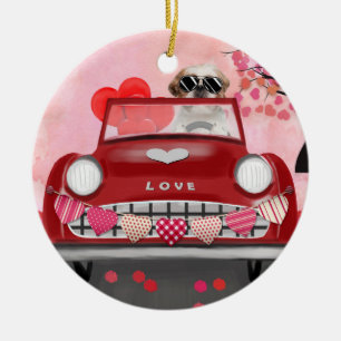 Adorno De Cerámica Perro Shih Tzu Coche con Corazones San Valentín