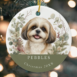 Adorno De Cerámica Perro Shih Tzu Dorado Blanco Navidad Acuarela